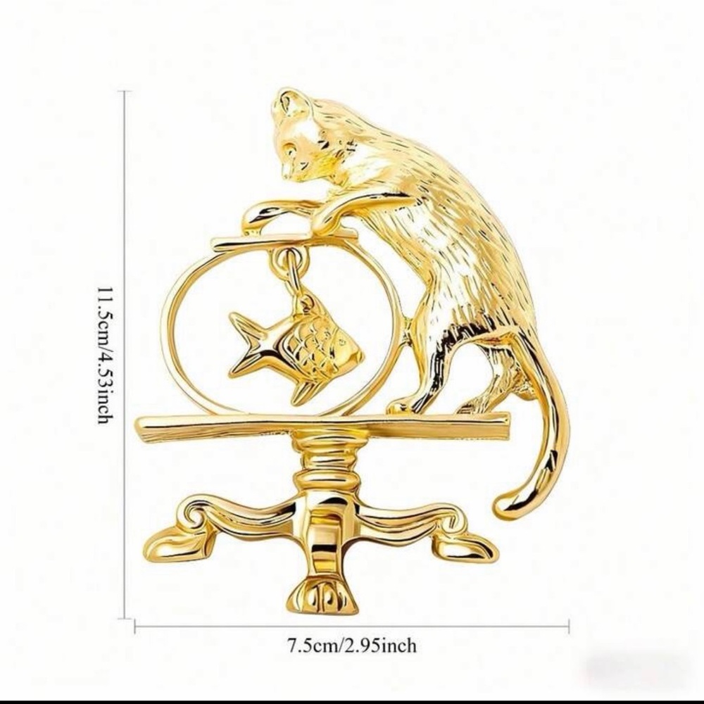 Cat & Fish Brooch Gold kitten pin jewelry goldfish fishbowl Victorian retro bag - Picture 6 of 16